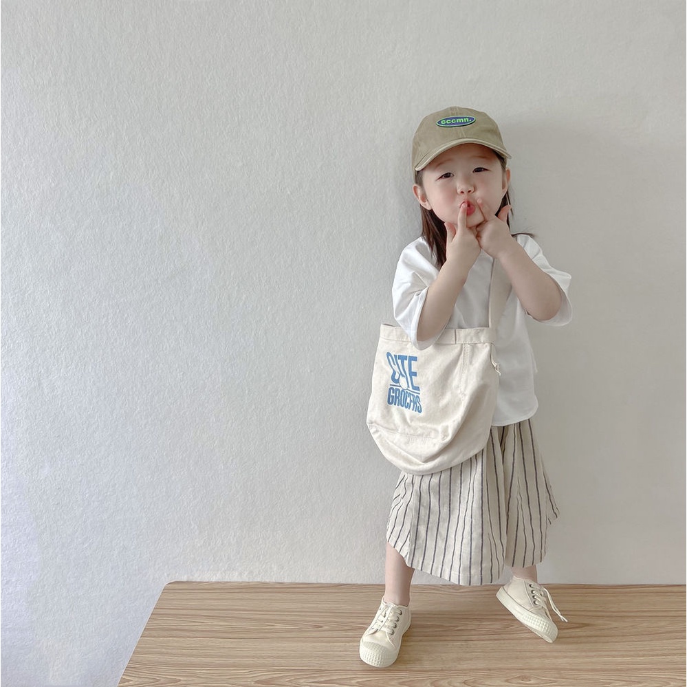 BABEPROUD Set đồ áo thun cotton trắng và quần dài ống rộng kẻ sọc thời trang Hàn Quốc cho bé gái 0-6 tuổi (có bán lẻ)