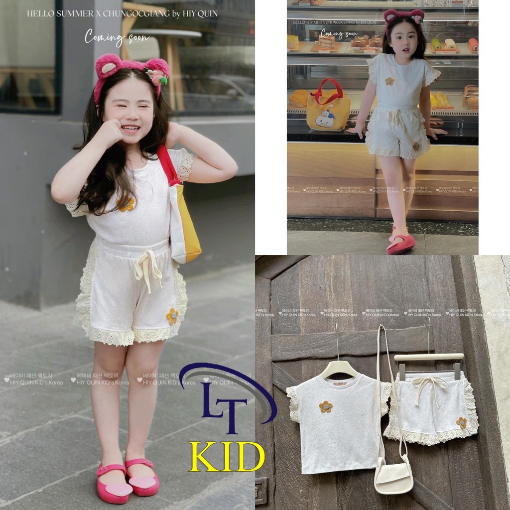 Bộ cotton tàu phối viền ren, gắn hoa len cho bé gái 8-20kg