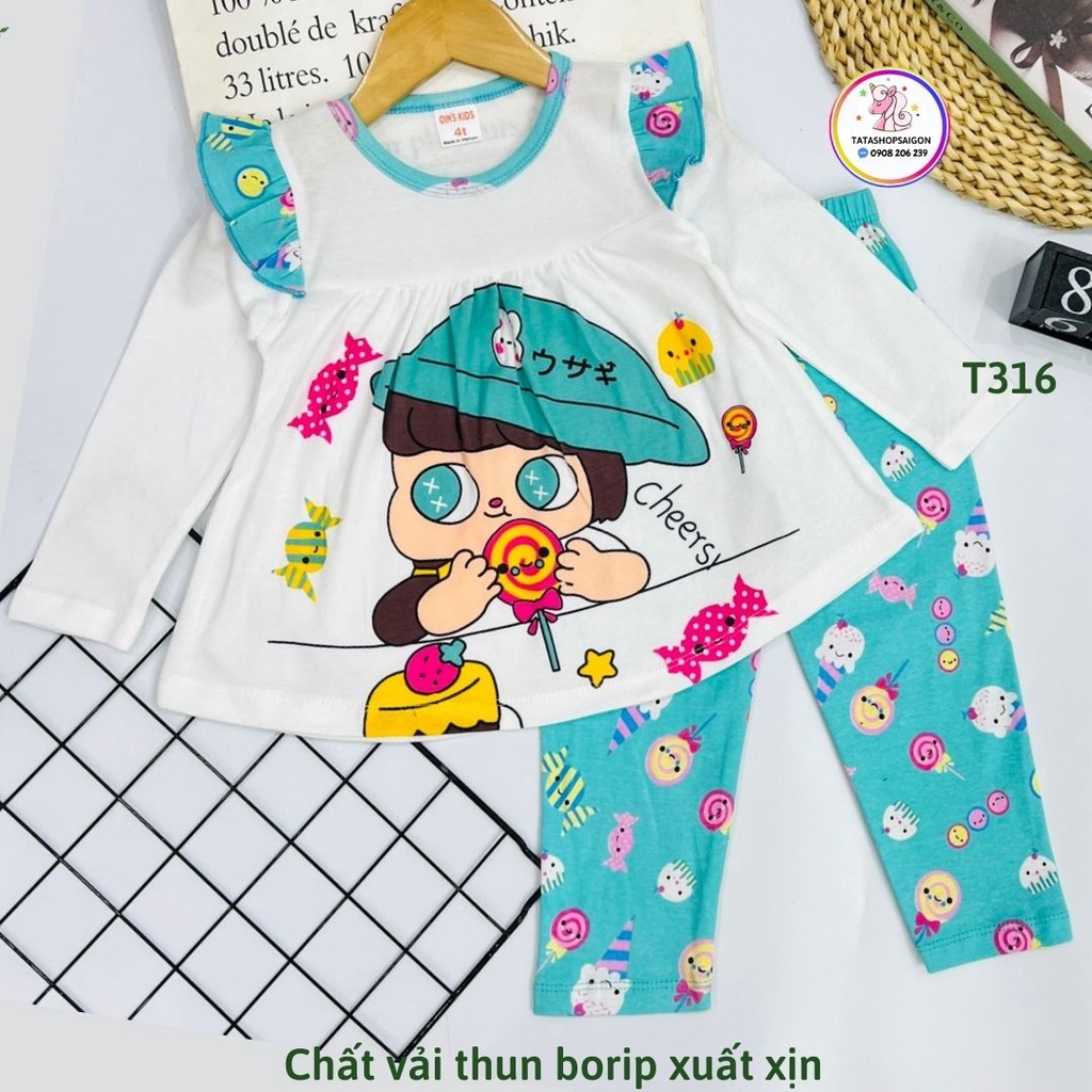 T316 Bộ bé gái tay dài thun borip dày mềm size đại 11 đến 42kg