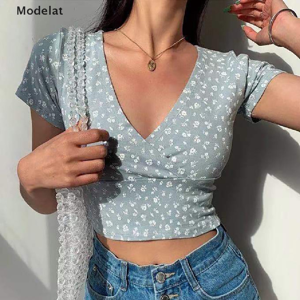 Áo Crop Top Tay Ngắn Cổ Chữ V Họa Tiết Hoa Thời Trang Mùa Hè Gợi Cảm Cho Nữ