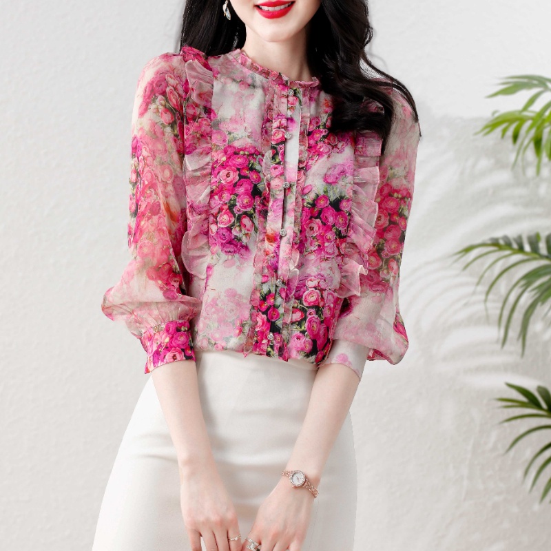 Áo Sơ Mi Lụa Mulberry Cao Cấp Tay Dài Cổ Đứng In Họa Tiết Hoa Thời Trang Mùa Xuân 2023 Cho Nữ