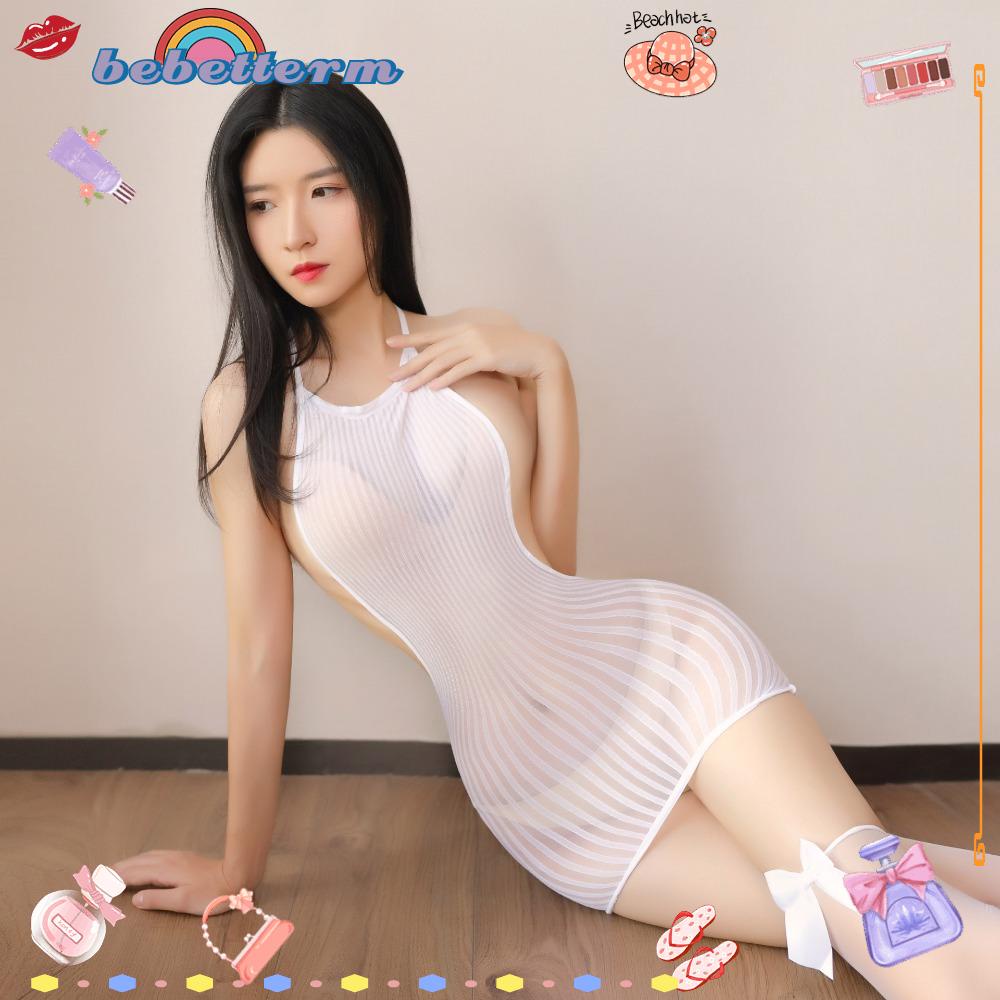 Bebetterm Xem qua Đầm Không Tay Lưới Phối Ren Sọc Sheer Váy Ngủ