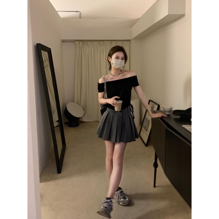 COZOKC Áo Thun Tay Ngắn Trễ Vai Thiết Kế Dây Rút Xếp Ly Xinh Xắn