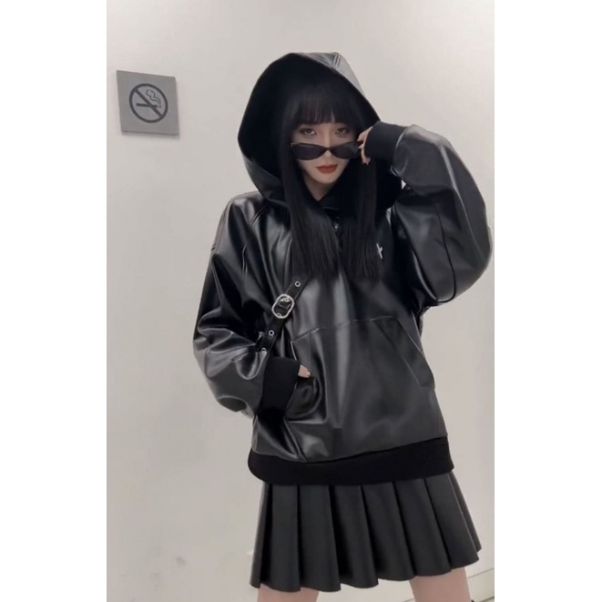 Áo Hoodie Da Pu Dáng Rộng Phong Cách Mỹ Thời Trang Xuân Thu 2023