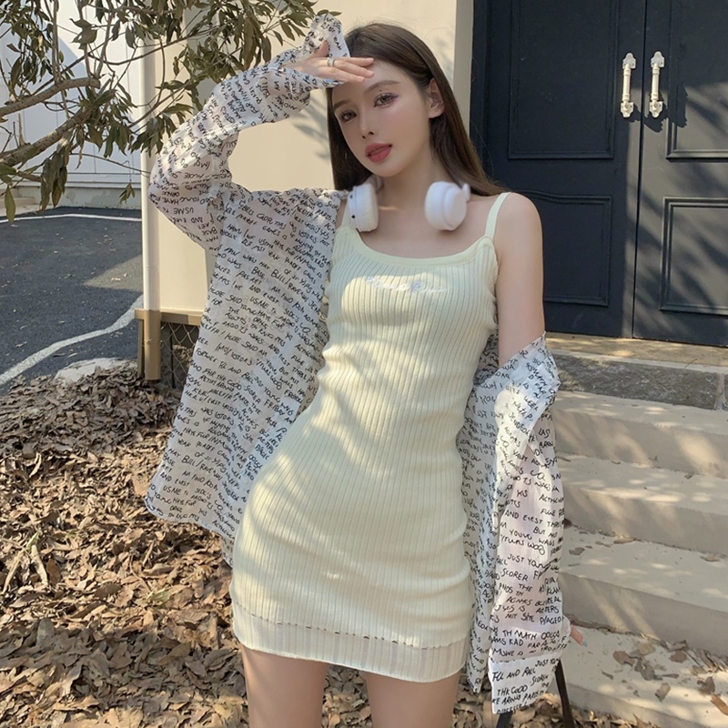 Đầm Dệt Kim Sát Nách Thêu Chữ Kiểu Hàn Quốc Xinh Xắn Cho Nữ