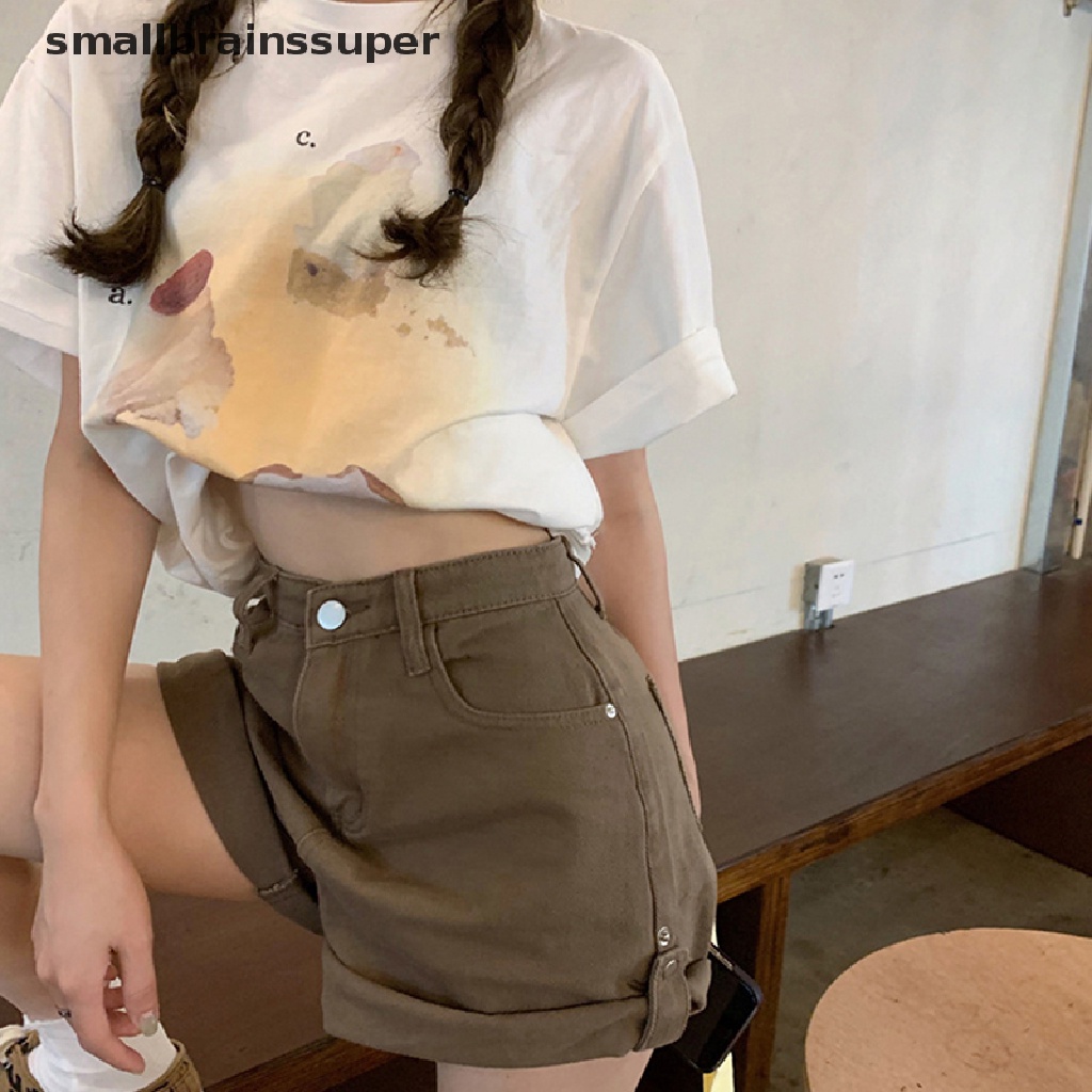 Quần Short Denim Lưng Cao Dáng Chữ A Màu Trơn Phong Cách Hàn Quốc Thời Trang Đường Phố Cho Nữ