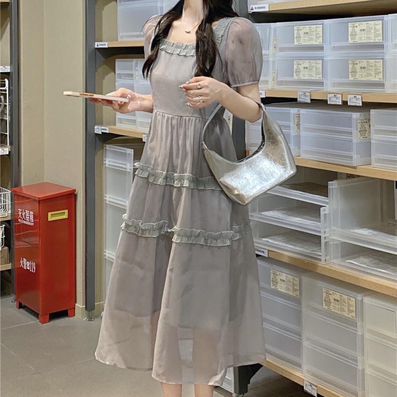 IELGY   Đầm Eo Cao Phối Ren Mỏng Màu Trơn Phong Cách IELGY    mori Dành Cho Nữ