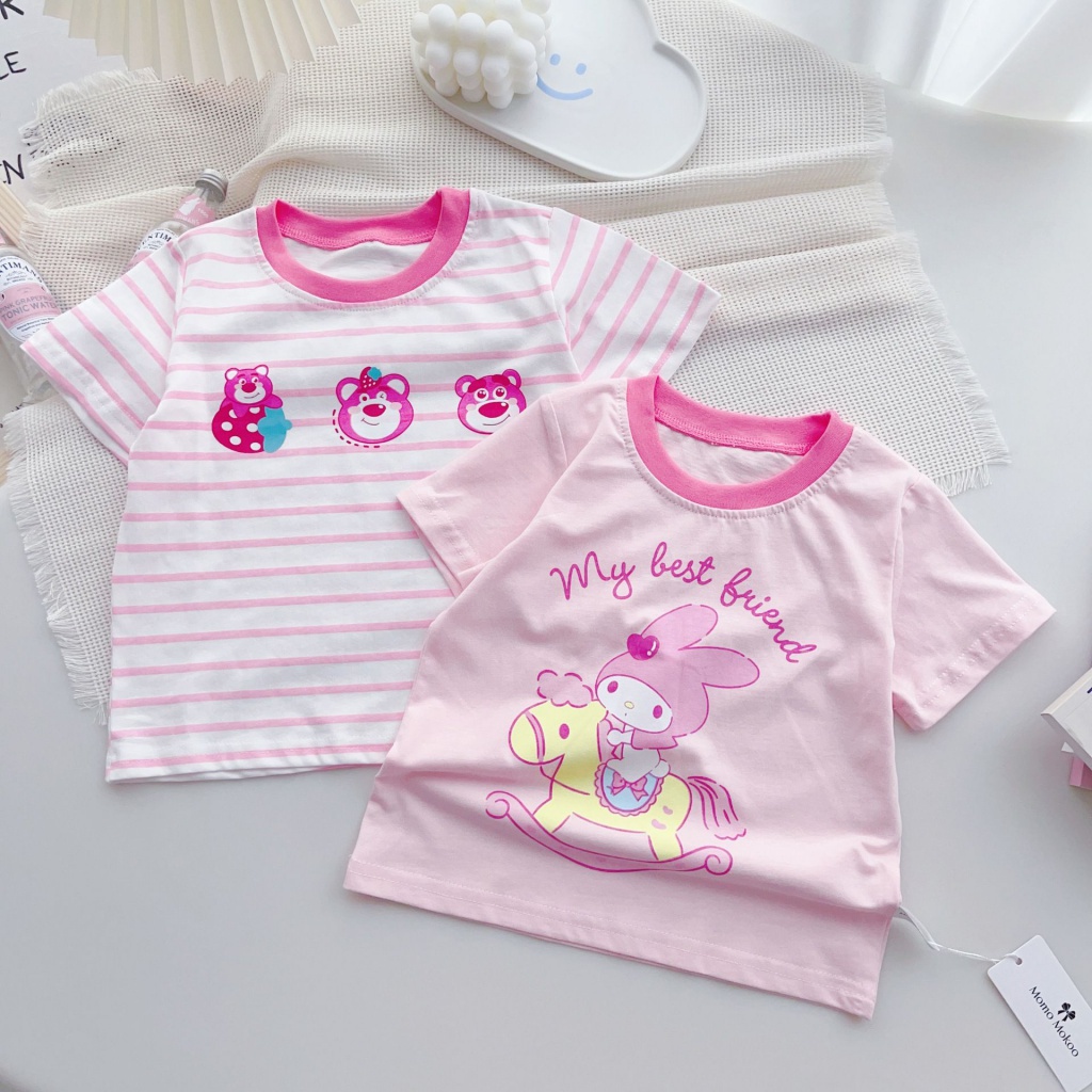 Áo Thun Cotton Ngắn Tay Họa Tiết Kẻ Sọc Thời Trang Mùa Hè 2023 Cho Bé Gái Hoạt Hình