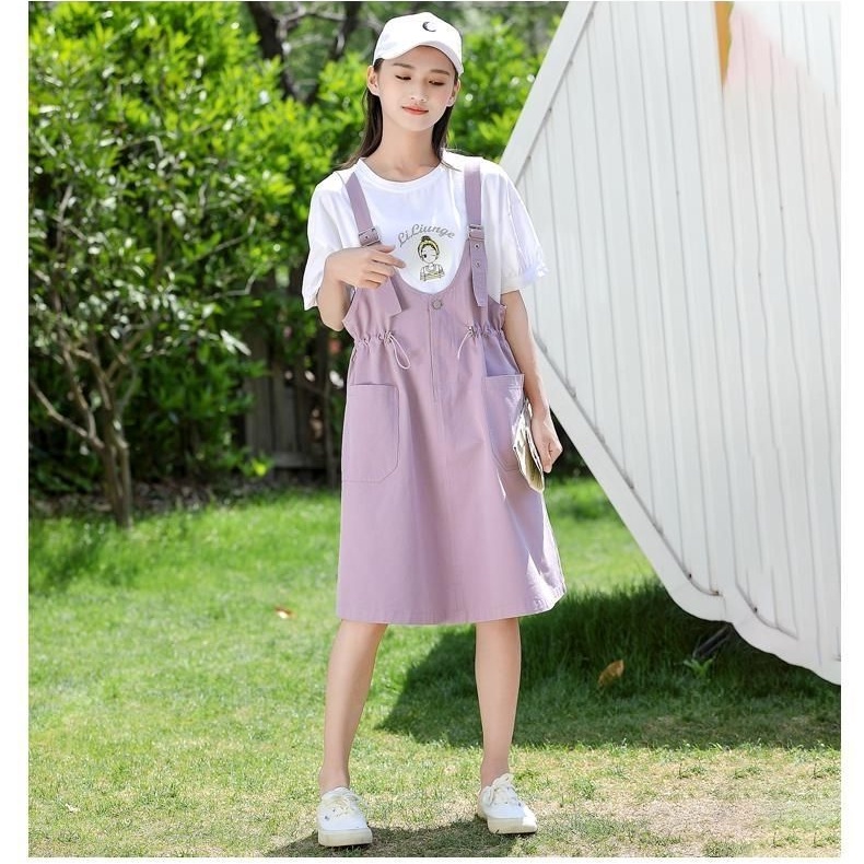 Set Áo Thun Cotton Ngắn Tay + Đầm Yếm Phong Cách Hàn Quốc Thời Trang Mùa Hè Mới 2021 W1DX Cho Bé Gái