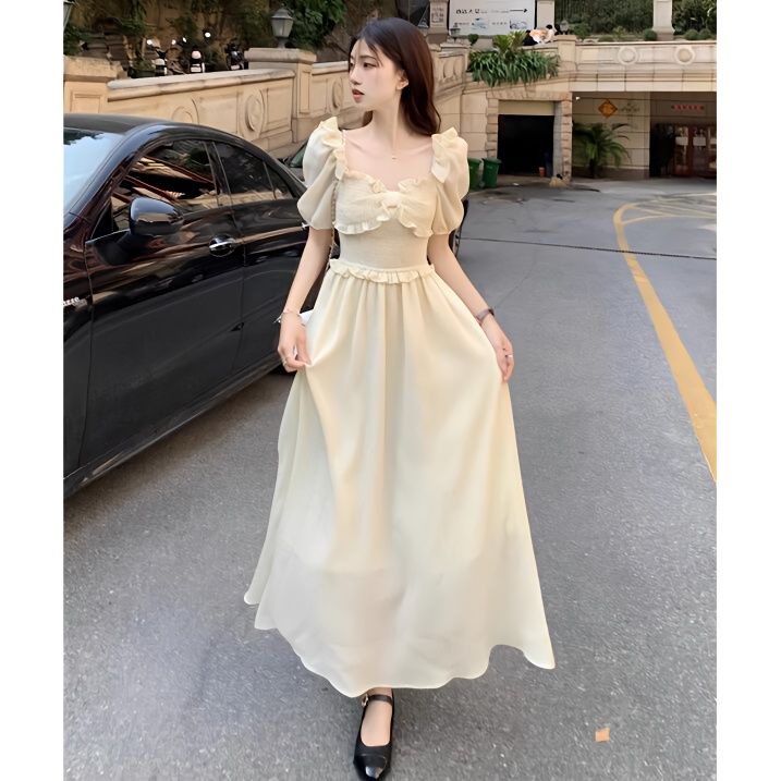 Đầm Tay Phồng Dáng Chữ A Màu Vàng Phong Cách Pháp Ngọt Ngào Thời Trang Mùa Hè Cho Nữ