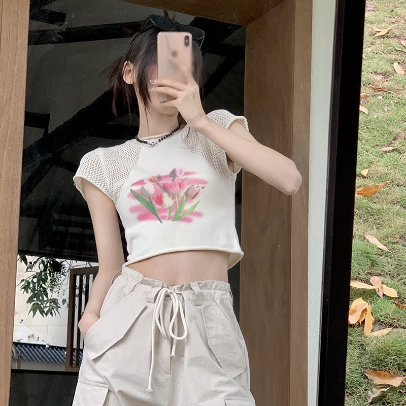 Áo Croptop Dệt Kim Tay Ngắn In Họa Tiết Xinh Xắn Cho Nữ