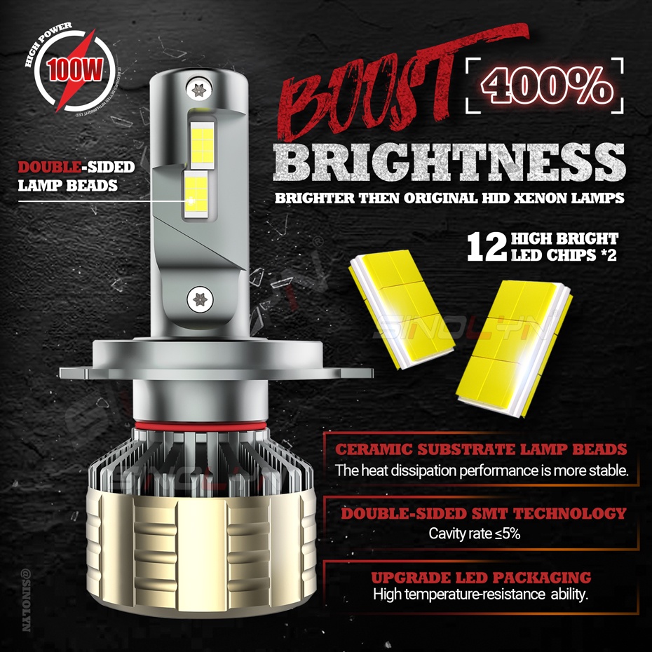 Đèn Pha LED 24V H4 H7 H1 H11 12 Bóng Công Suất Cao 100W Chuyên Dụng Cho Xe Tải / Ô Tô