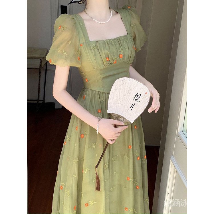 Công Chúa Màu Xanh Lá Dáng Ôm Eo Cao Cấp Phong Cách Pháp Cổ Điển Thời Trang Mùa Hè Cho Nữ Dress Women's Dress Long Dress