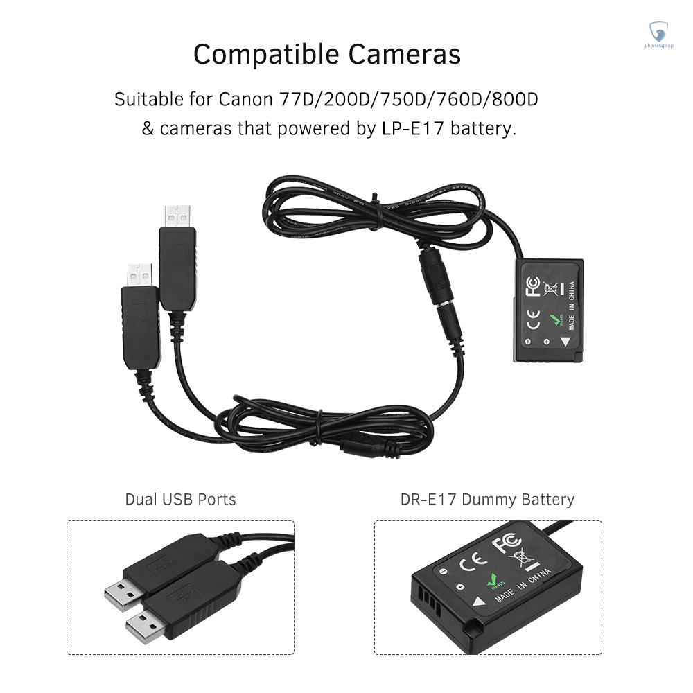 ANDOER Bộ Nguồn USB Kép DC DR-E17 Thay Thế Cho Máy Ảnh 77D 200D 750D 760D 800D