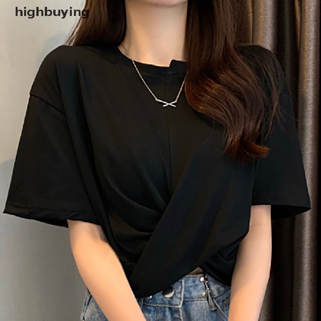 Áo Thun Lửng Ngắn Tay Cổ Tròn Vạt Chéo Thời Trang Nữ Tính