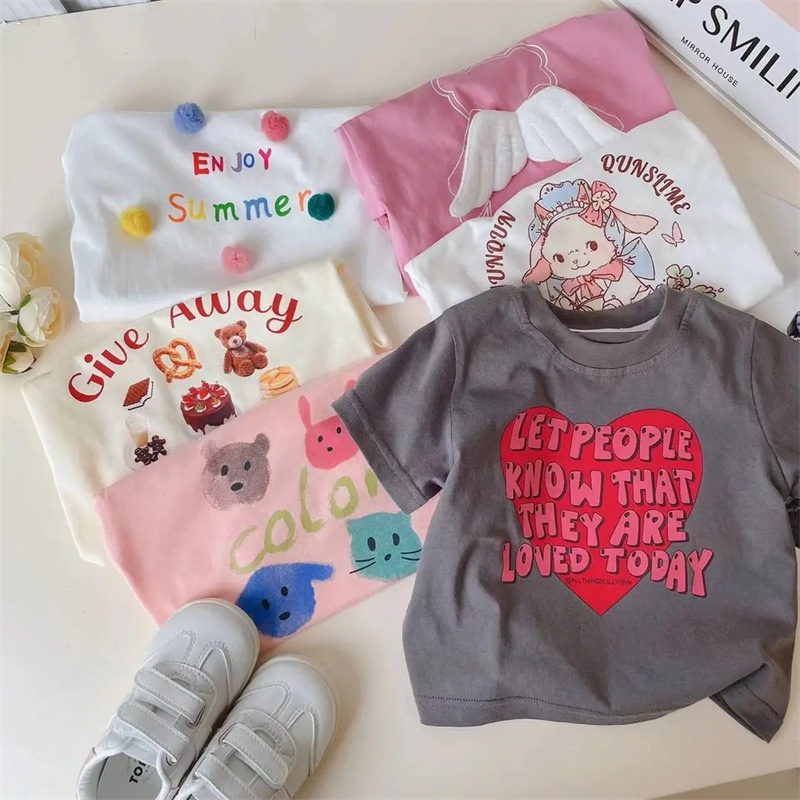 Áo Thun cotton Tay Ngắn In Họa Tiết Hoạt Hình Dễ Thương Thời Trang Mùa Hè Phong Cách Hàn Quốc Cho Bé Gái