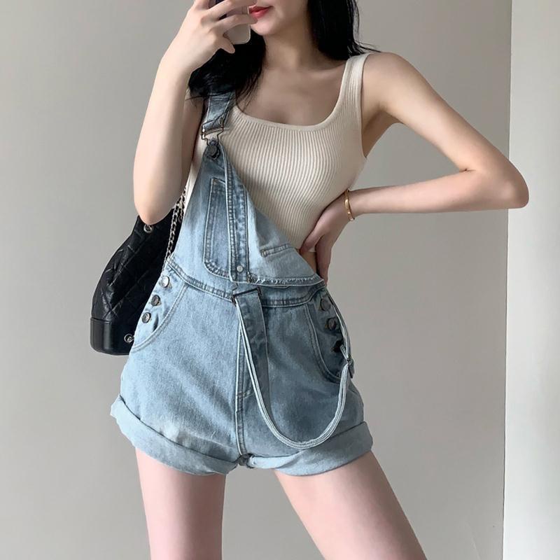 Jiashucheng2023 Quần Yếm Denim Ngắn Eo Cao Thời Trang Xuân Hè Phong Cách Phương Tây Cho Nữ
