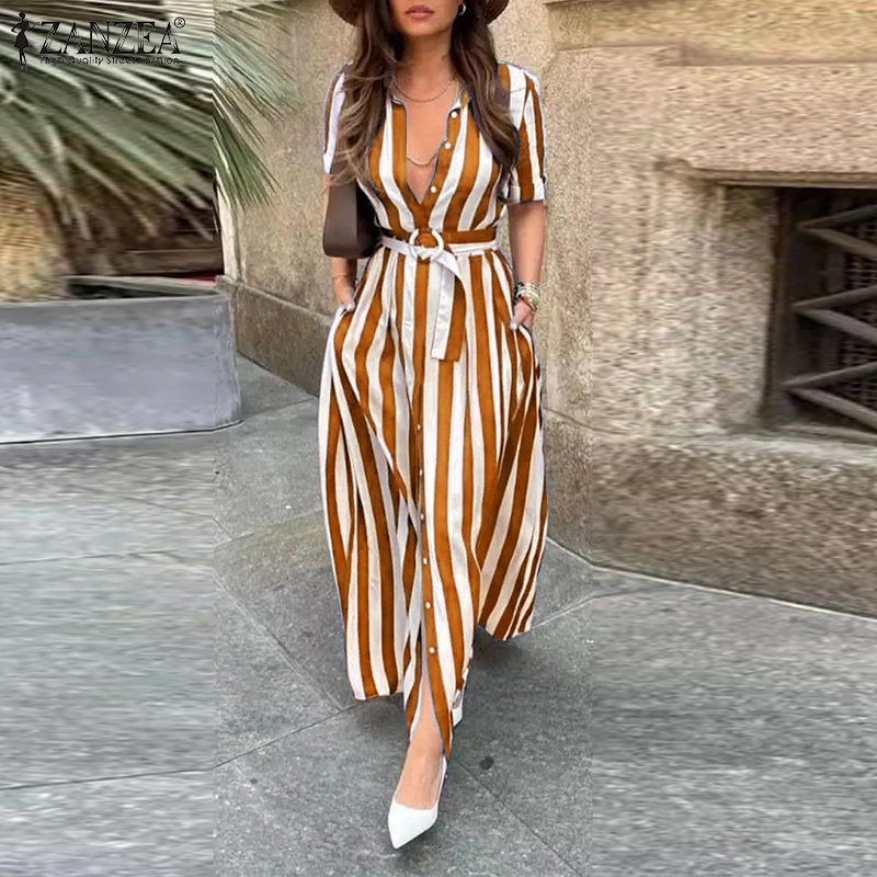 ZANZEA Áo Sơ Mi Nữ Ngắn Tay Họa Tiết Sọc Dọc Kèm Thắt Lưng Thời Trang