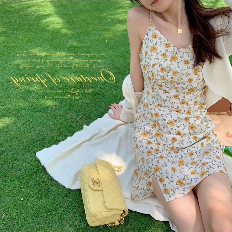 Đầm Hai Dây Cổ Chữ V Xẻ Tà In Họa Tiết Hoa Màu Vàng Phong Cách Pháp Thời Trang Mùa Hè Cho Nữ Tj546