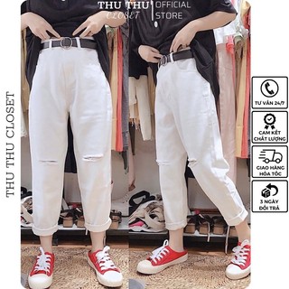 Quần bò baggy jean nữ trơn và rách gối chất đẹp, 2 màu trắng đen