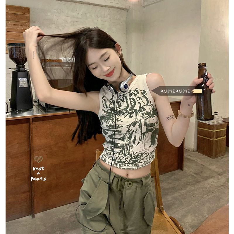 Áo Hai Dây In Họa Tiết Phong Cách Retro Mỹ Cho Nữ