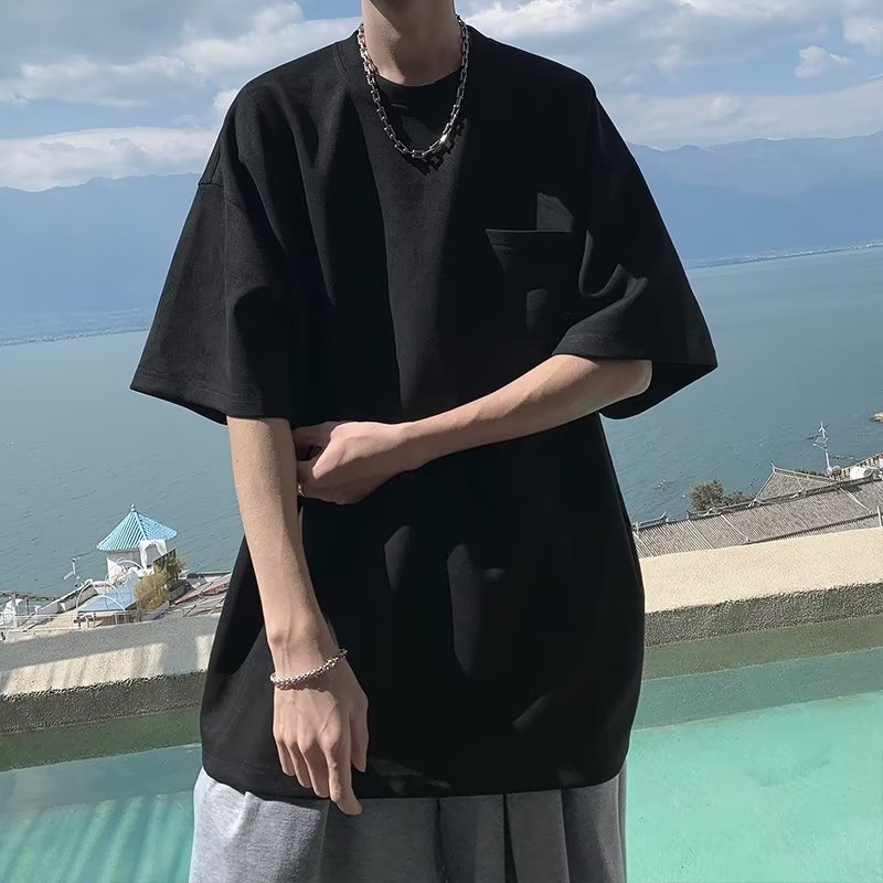 Áo Thun Lông Cừu Tay Ngắn Cổ Tròn Phối Túi Thời Trang Mùa Hè Phong Cách Nhật Bản Cho Nam