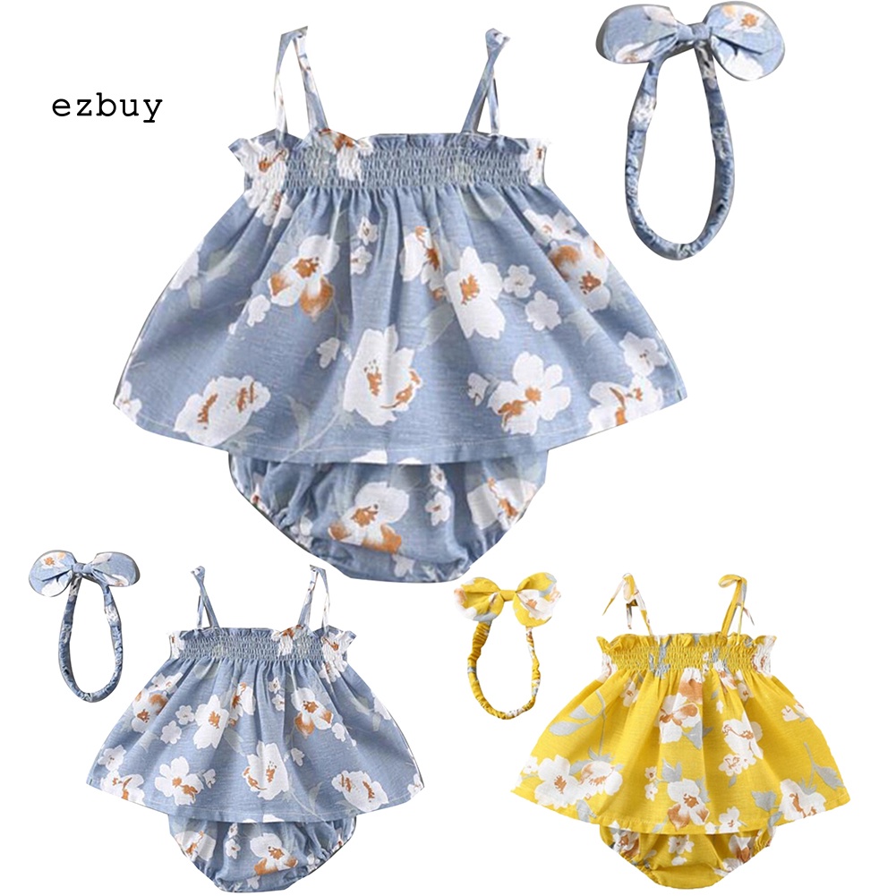 Set Đồ 3 Món Áo Thun Không Tay In Hoa + Quần Ngắn + Băng Đô Dành Cho Bé Gái