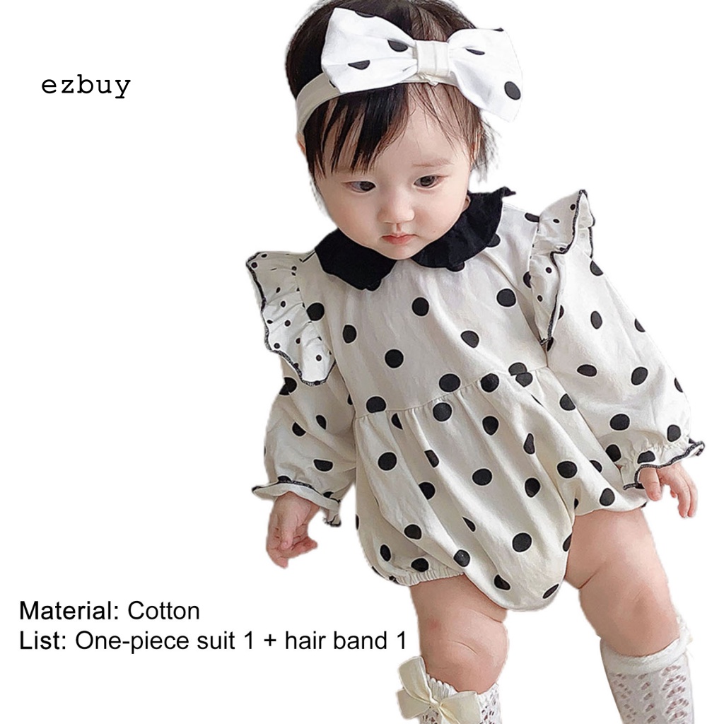 Set 2 Món Áo Liền Quần Bằng Cotton Thân Thiện Với Da In Họa Tiết Chấm Bi + Băng Đô Cài Tóc Cho Bé Gái