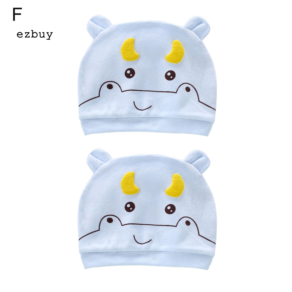 Set 2 Mũ Beanie Cotton Thoáng Khí Thoải Mái Họa Tiết Hoạt Hình Cho Bé Sơ Sinh
