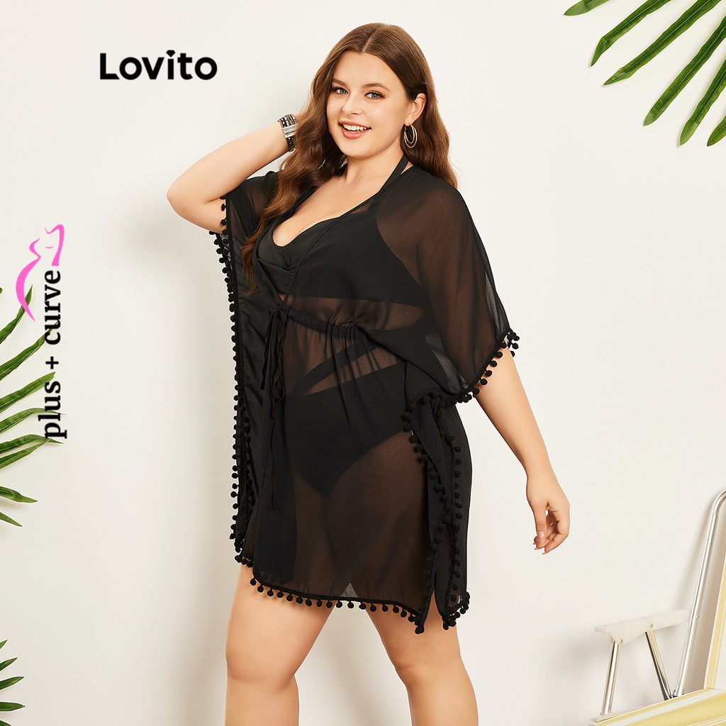 Kimono và khăn quấn Lovito tua rua dây rút màu trơn thường ngày tôn đường cong size lớn cho nữ LPS07071 (Màu đen)