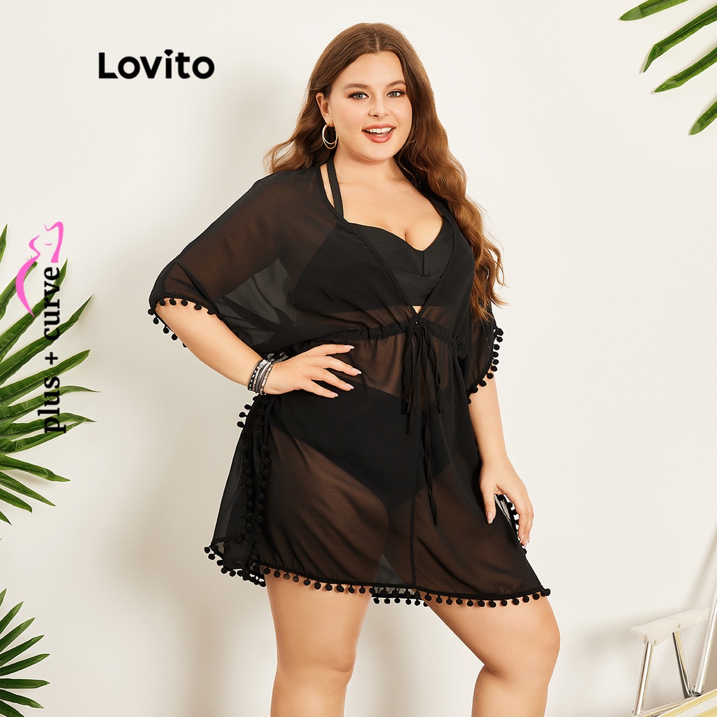 Kimono và khăn quấn Lovito tua rua dây rút màu trơn thường ngày tôn đường cong size lớn cho nữ LPS07071 (Màu đen)