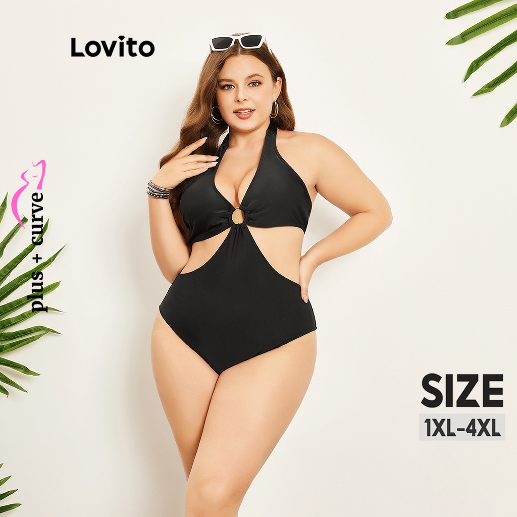 Đồ bơi Lovito một mảnh có đệm ngực cổ yếm vòng cắt xẻ xếp nếp sexy tôn đường cong size lớn cho nữ LPS07077 (Màu đen)