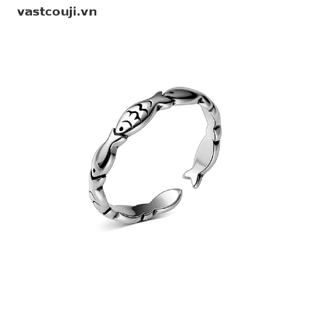 Nhẫn Hở Mạ Bạc Khắc Hình Cá Kiểu Vintage Sáng Tạo Có Thể Điều Chỉnh Kích Thước