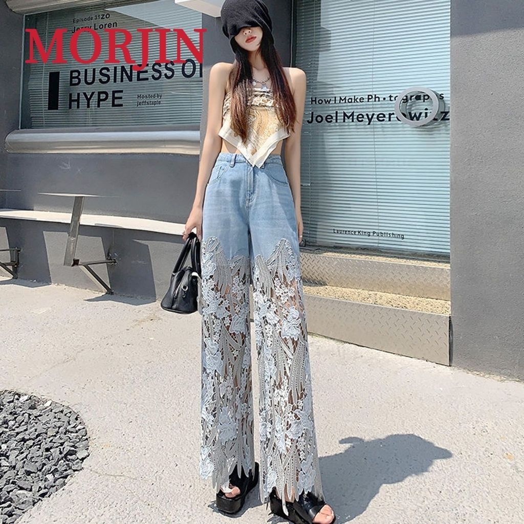 Quần Denim Ống Rộng Cạp Cao Phối Ren Rỗng Phong Cách Morjin Kiểu Mới Dễ Phối Đồ Cho Nữ