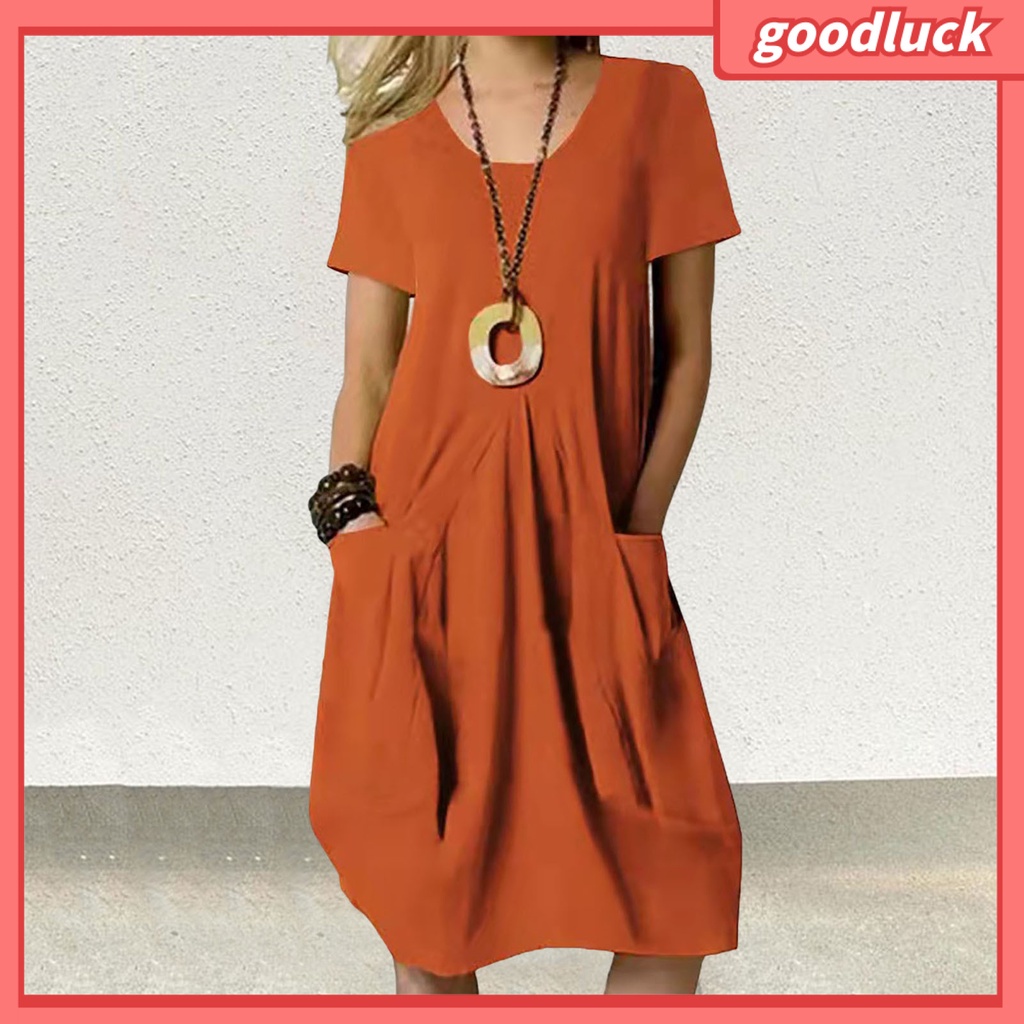 Đầm Tay Ngắn Cổ Tròn Màu Trơn Dáng Rộng Thời Trang Mùa Hè Xinh Xắn Cho Nữ
