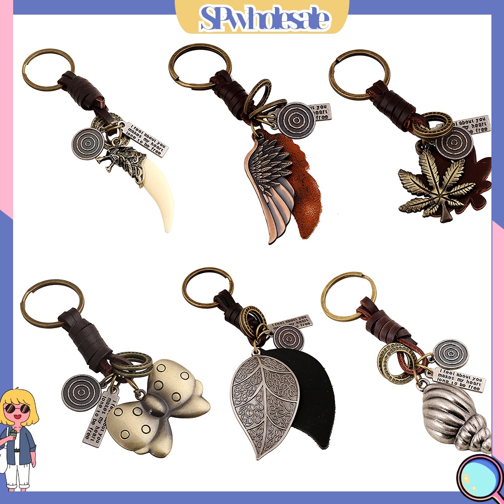 <SPwholesale> Móc Khóa Da Bò Mặt Hình Cánh Bướm / Lá Phong Cách Vintage