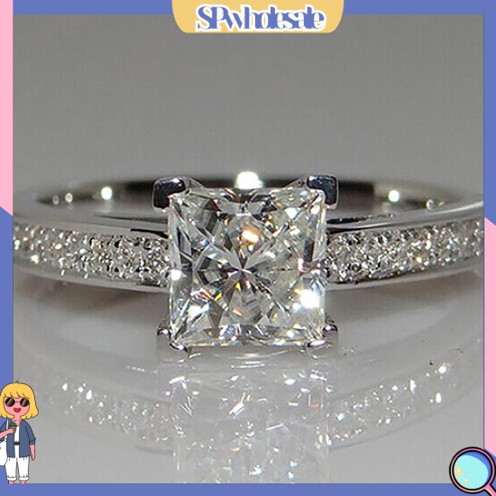 <SPwholesale> Nhẫn Cưới Màu Bạc Mặt Vuông Đính Đá Thời Trang Cho Nữ