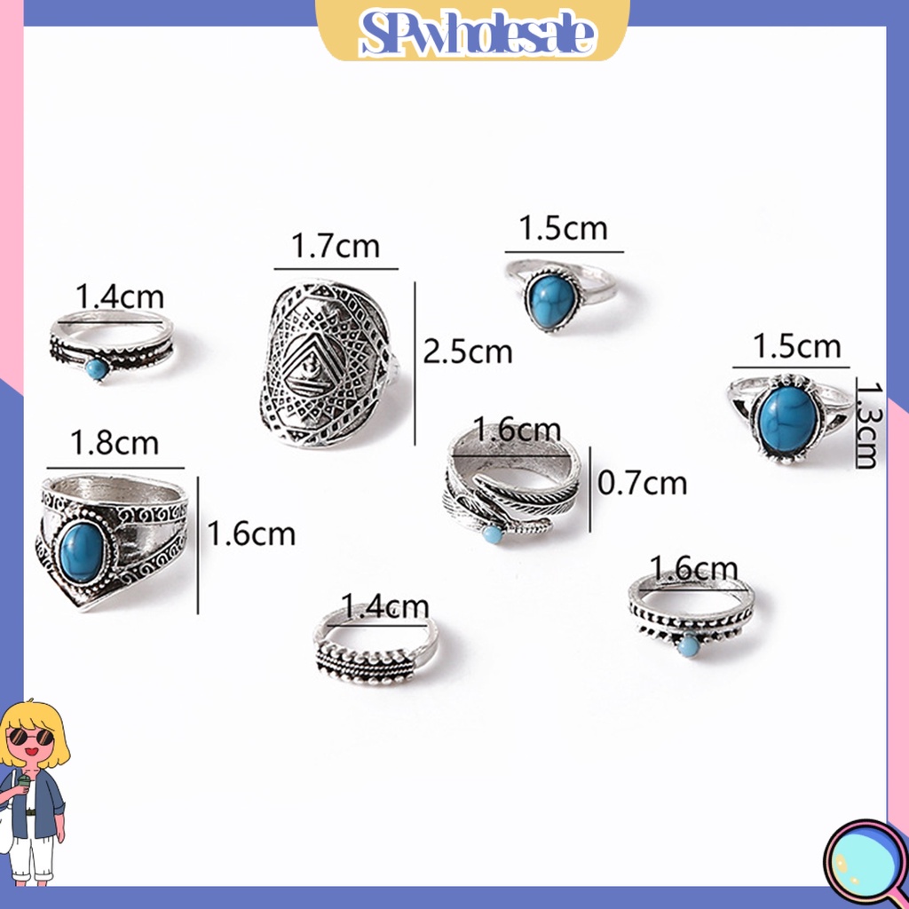 <SPwholesale> Set 8 Nhẫn Đeo Khớp Ngón Tay Đính Đá Ngọc Lam Giả Phong Cách Bohemian Thời Trang
