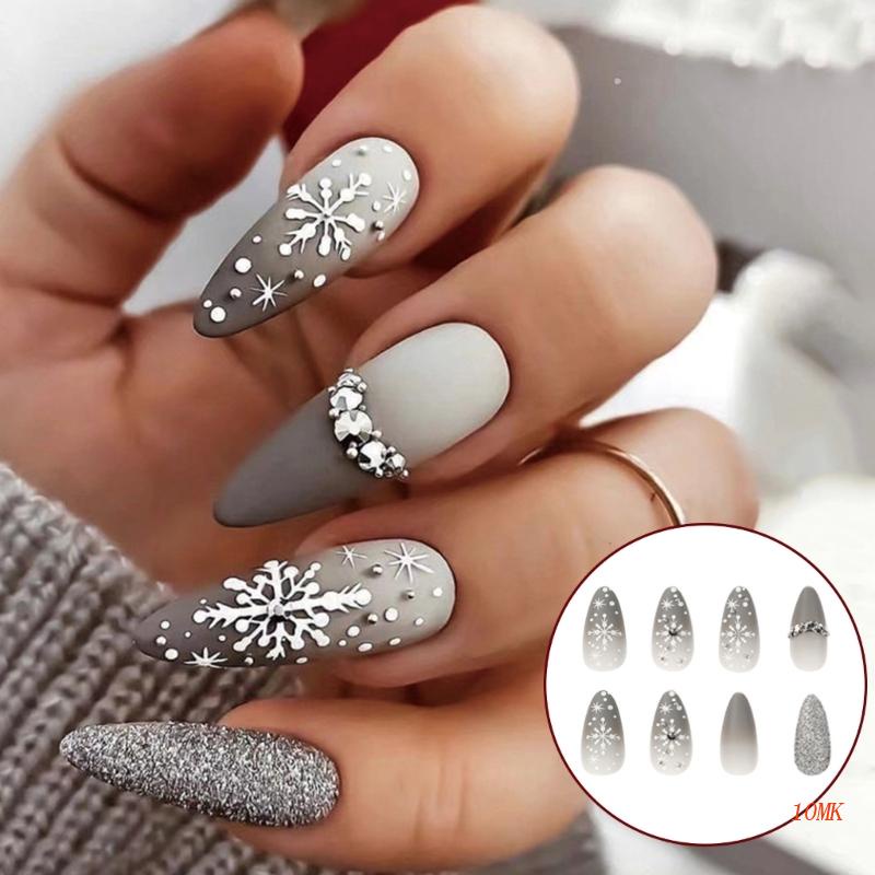 Set 24 Móng Tay Giả Họa Tiết Bông Tuyết Phong Cách Giáng Sinh