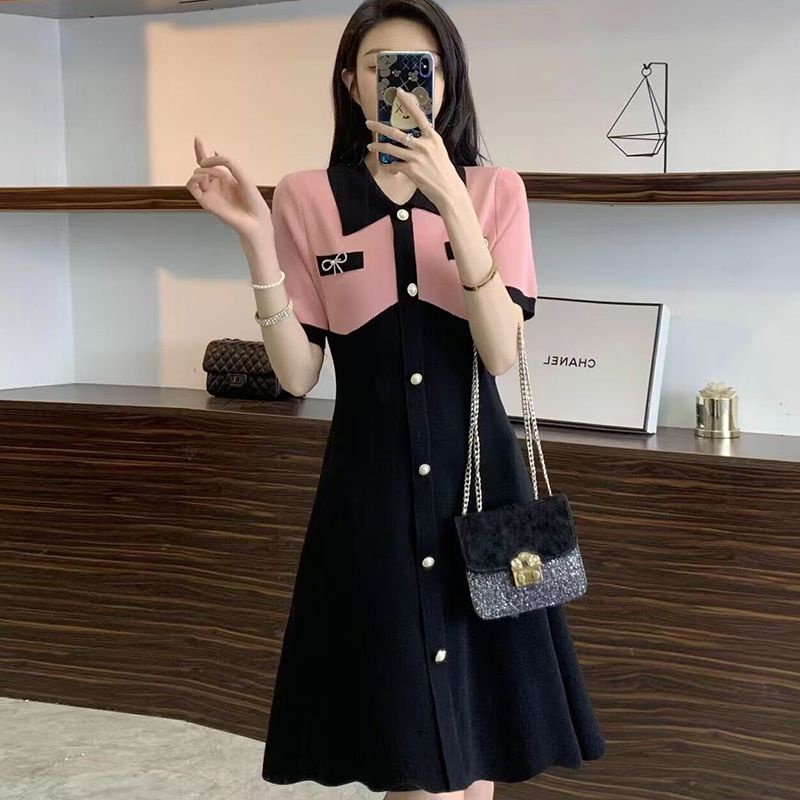Đầm Thun polo Ngắn Tay Màu Sắc Tương Phản Phong Cách Retro Cao Cấp