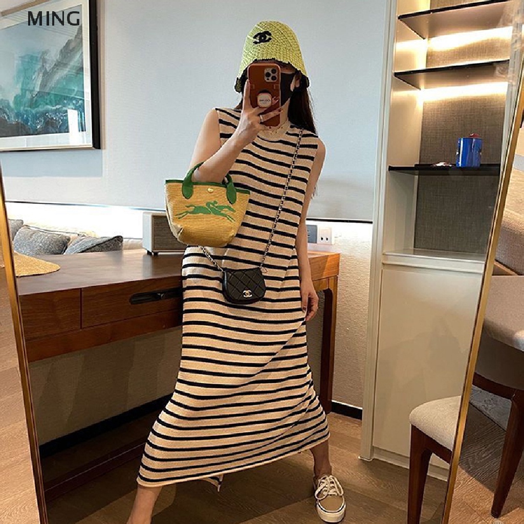 Đầm Dài Không Tay Họa Tiết Kẻ Sọc Đơn Giản Thời Trang Mùa Hè Dành Cho Nữ