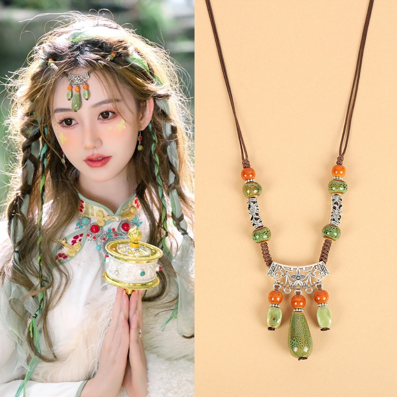 Jdz Dây Chuyền Đeo Trán Phong Cách Dân Tộc Retro Phong Cách Dân Tộc Độc Đáo Mặt Gốm Giọt Nước Phong Cách Tây Tạng