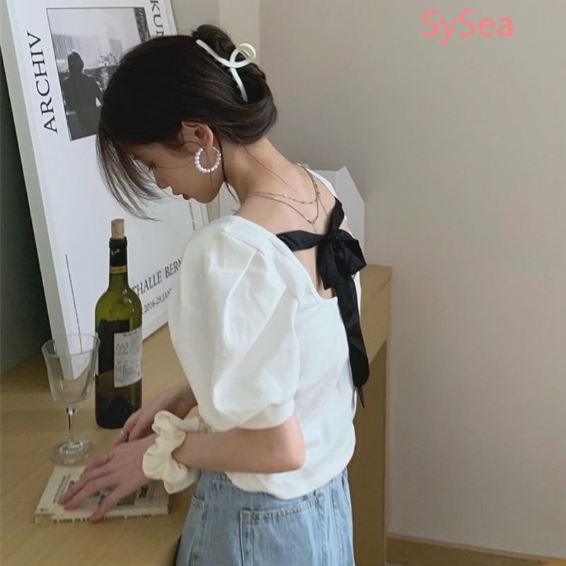 Áo Kiểu Tay Phồng Hở Lưng Thắt Nơ Phong Cách Pháp Cho Nữ