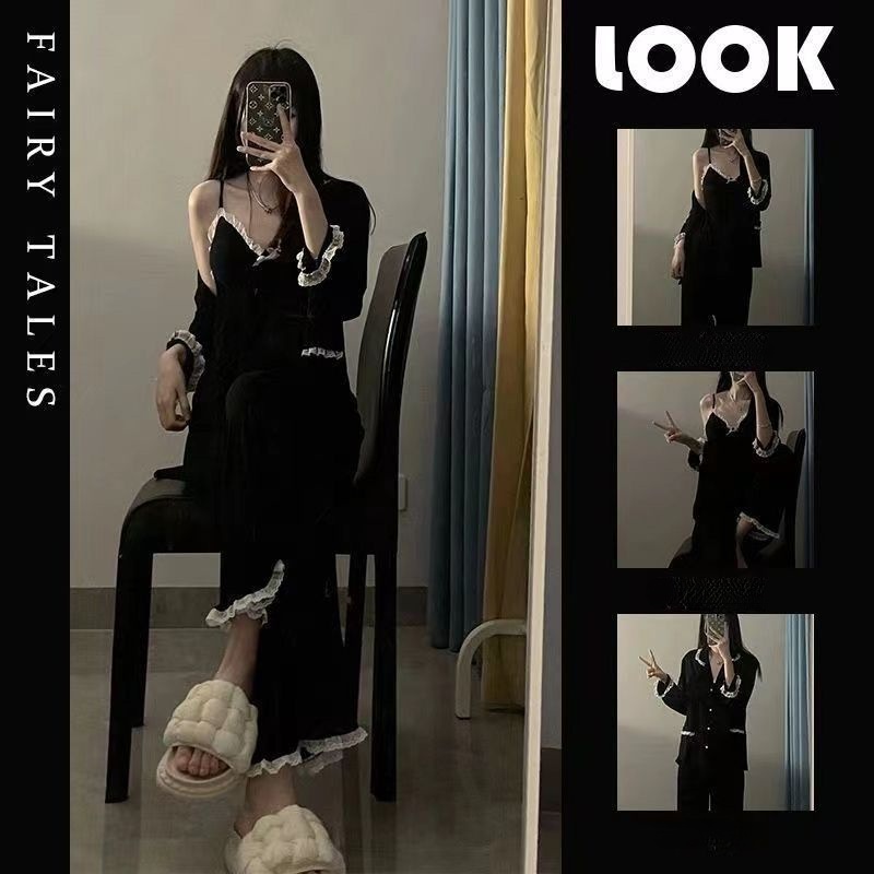 Bộ Đồ Ngủ Hai Dây Có Đệm Ngực Đơn Giản Chất Lượng Cao Phong Cách Pháp Ngọt Ngào Thời Trang Xuân Thu Cho Nữ