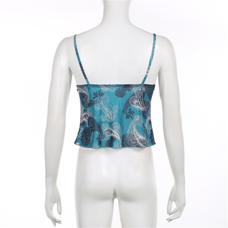 Áo Croptop Hai Dây Cổ Chữ V Phối Lưới Viền Bèo Quyến Rũ Cho Nữ