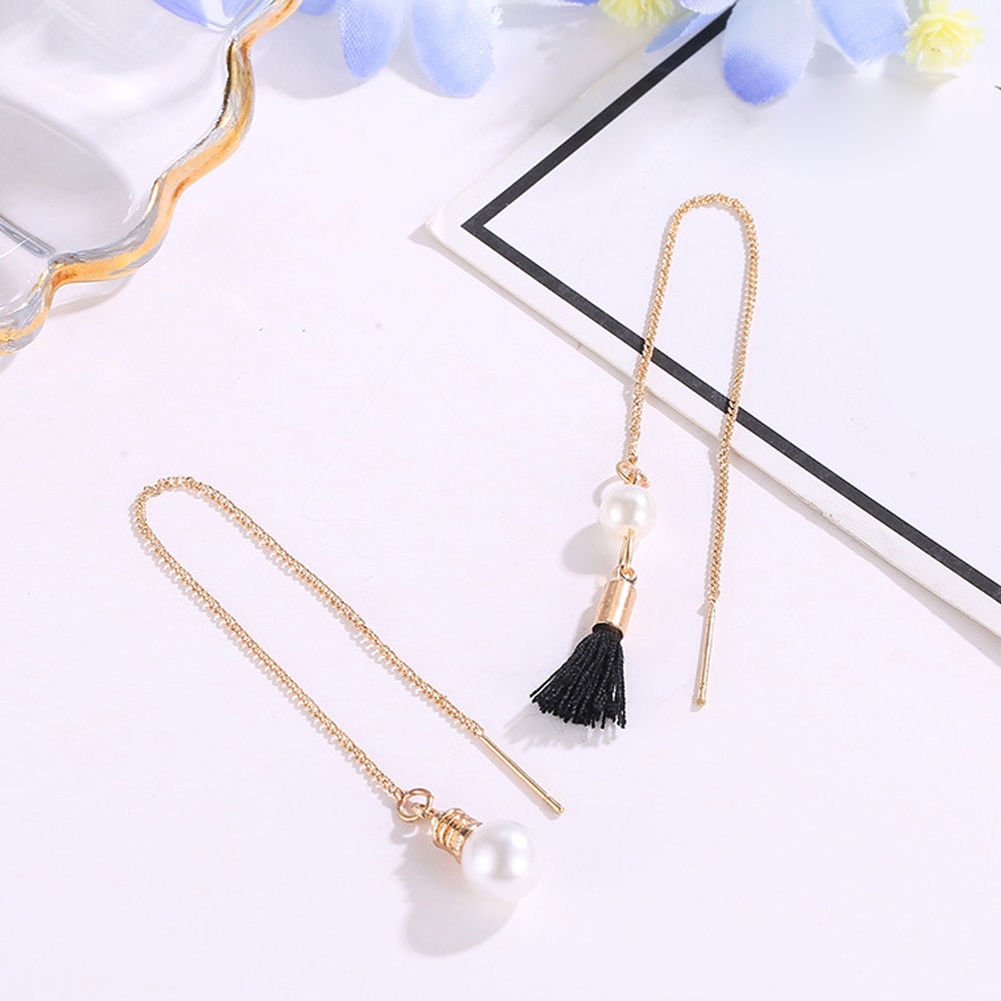 Bông Tai Dáng Dài Phối Tua Rua Đính Ngọc Trai Nhân Tạo Thời Trang