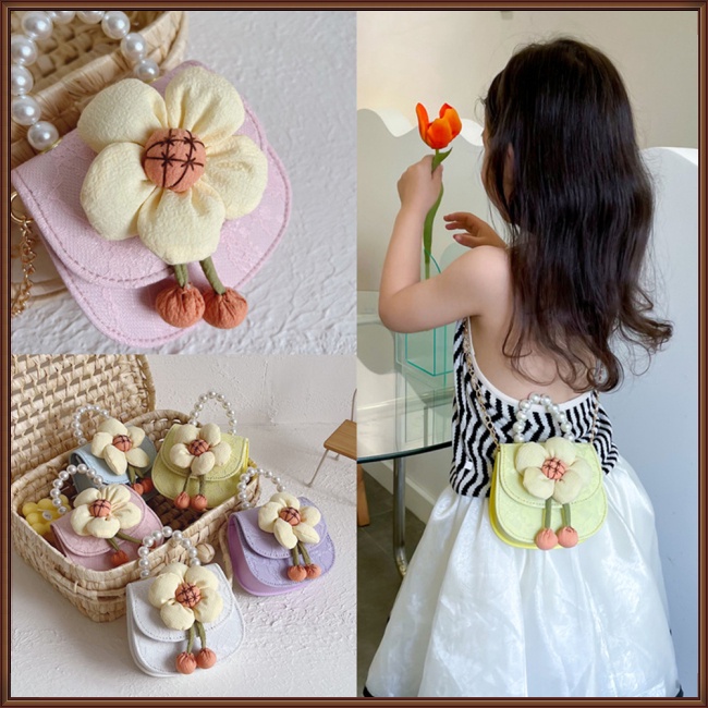 Túi Xách Da Pu Đeo Chéo Phối Ren Hoa Đính Ngọc Trai Thời Trang Cho Bé Gái