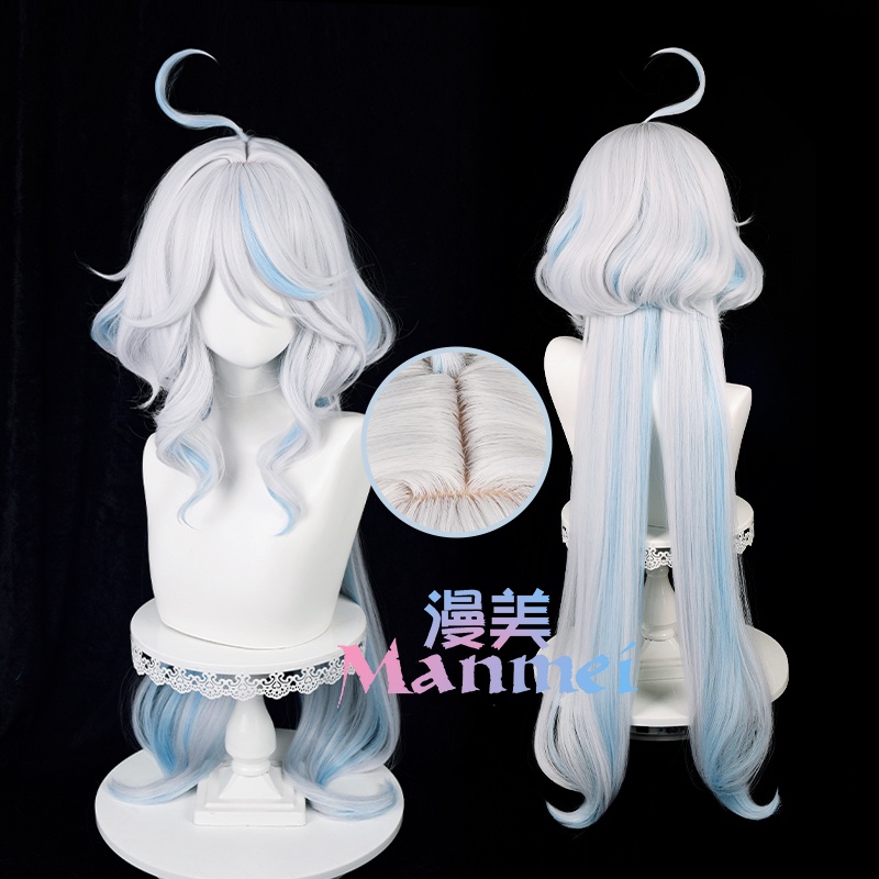 Manmei Genshin Impact Focalors Cosplay Wig 100cm Long Silver White Blue Wigs Cosplay Anime Cosplay Wigs Heat Resistant Synthetic Wigs
