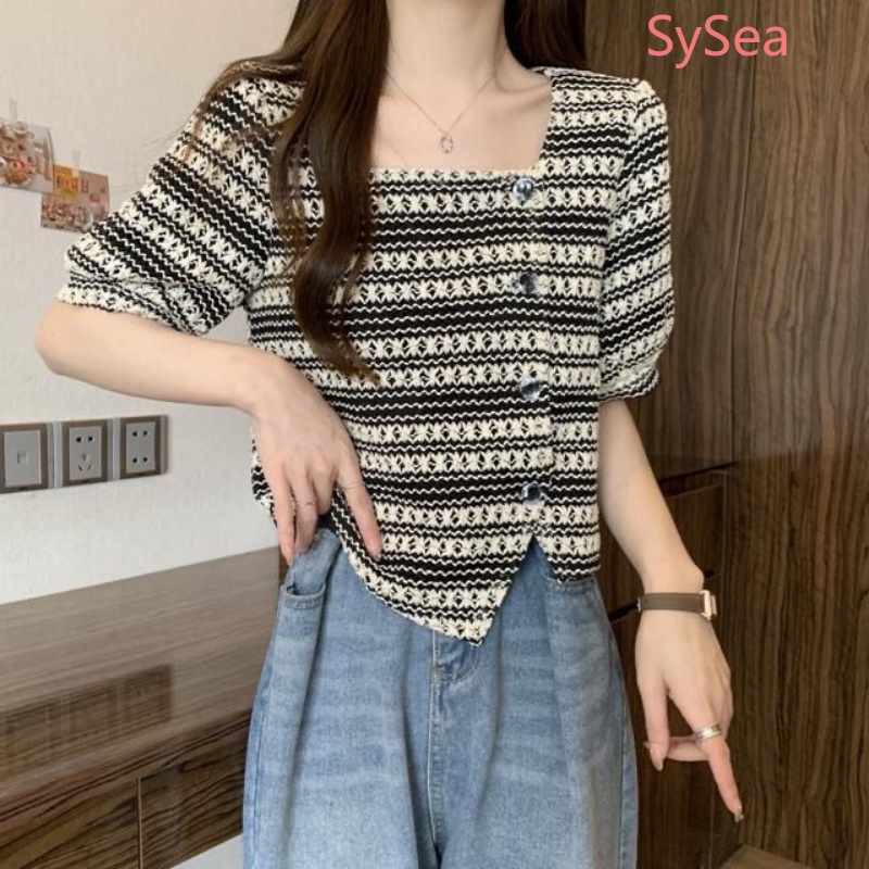 Áo Dệt Kim Tay Phồng Kẻ Sọc Thời Trang Mùa Hè Cho Nữ