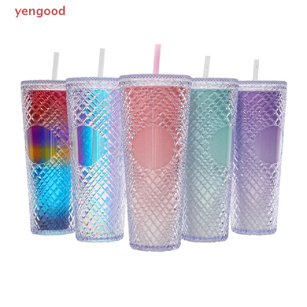 Cốc Uống Nước Hai Lớp Bằng Nhựa Có Nắp Và Ống Hút Có Thể Tái Sử Dụng